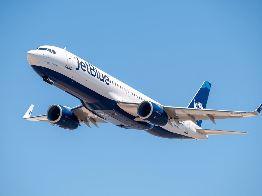 A JetBlue Airways airplane flying against a clear blue sky.